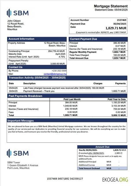 Mauritius SBM Bank (Mauritius) Limited Relevé hypothécaire Modèle Word et PDF